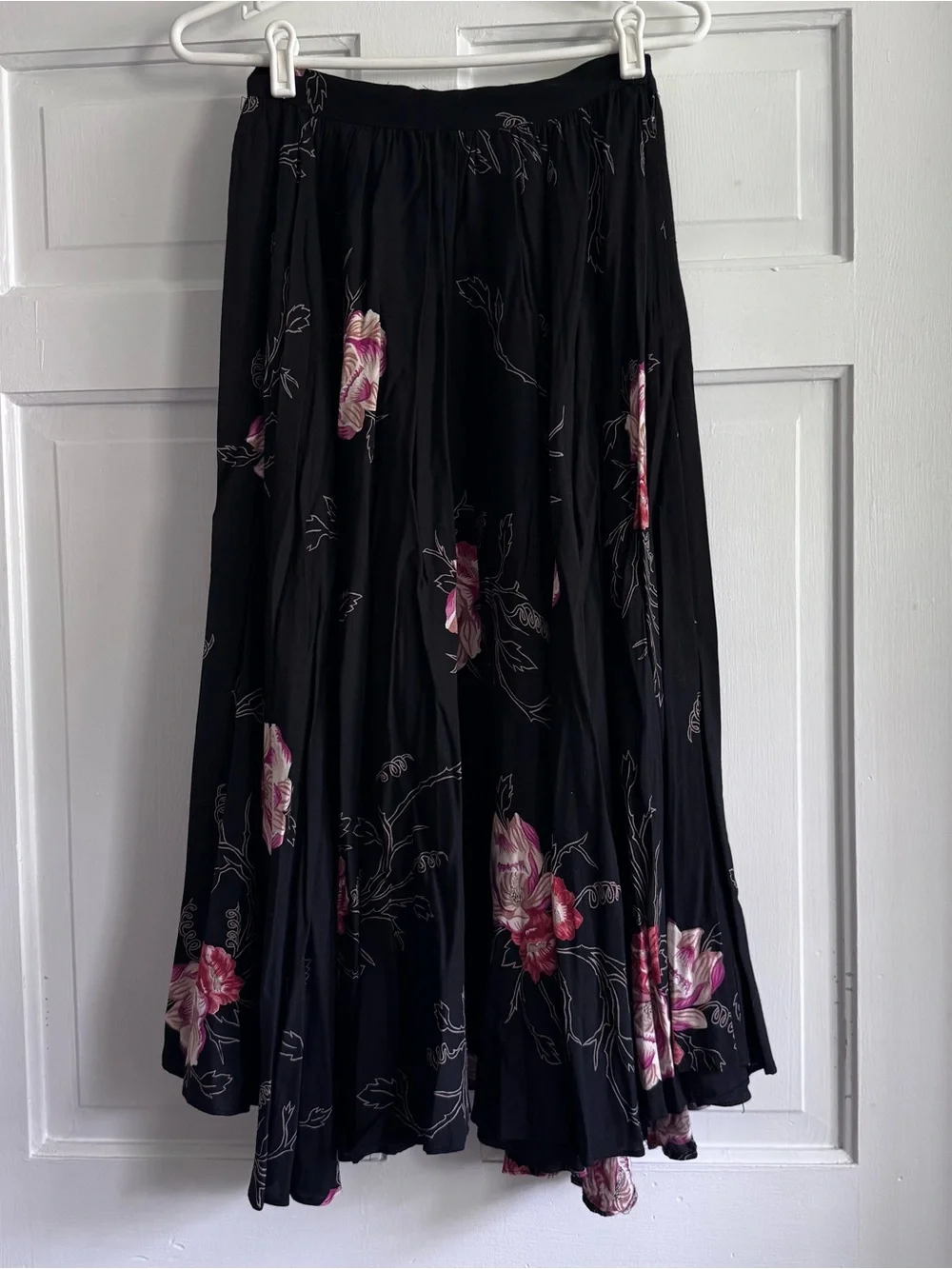 VTG B.D. Star Union Tag Black Maxi Skirt with Pink Floral Print Sz XS
